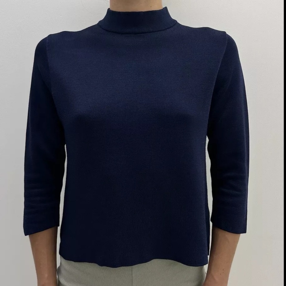 GANNI Long Beach Knit Top Viscose Cotton Navy Blue 3/4 Sleeve Sweater Women's M